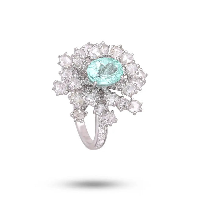 18k White Gold Diamond Wedding Ring - Natural Paraiba Tourmaline Gemstone Ring Main Image