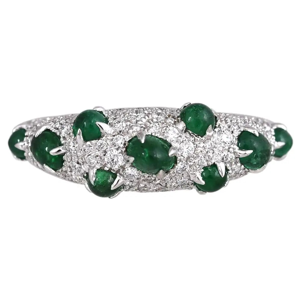 Zambian Emerald Sugarloaf  Ring - 18k White Gold Diamond Handmade Band Ring