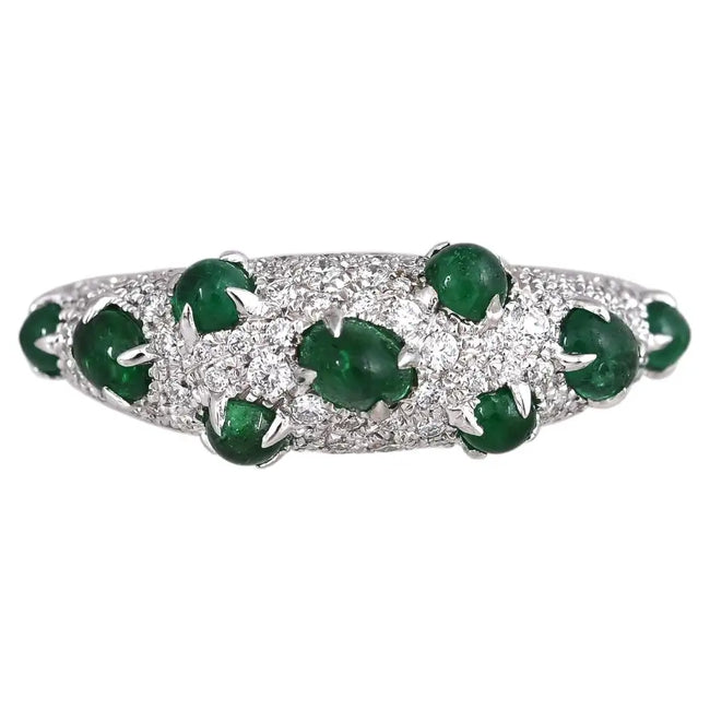 Zambian Emerald Sugarloaf  Ring - 18k White Gold Diamond Handmade Band Ring Hover Image
