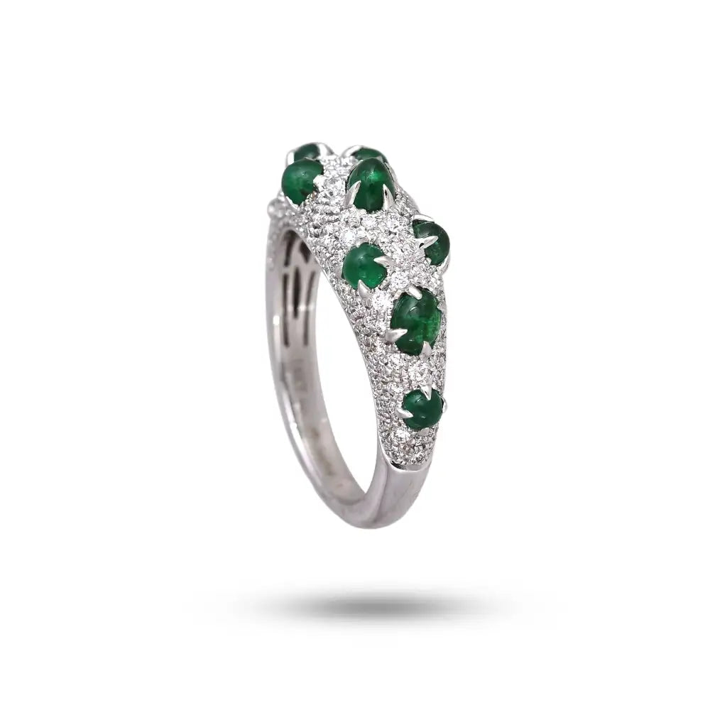 Zambian Emerald Sugarloaf  Ring - 18k White Gold Diamond Handmade Band Ring
