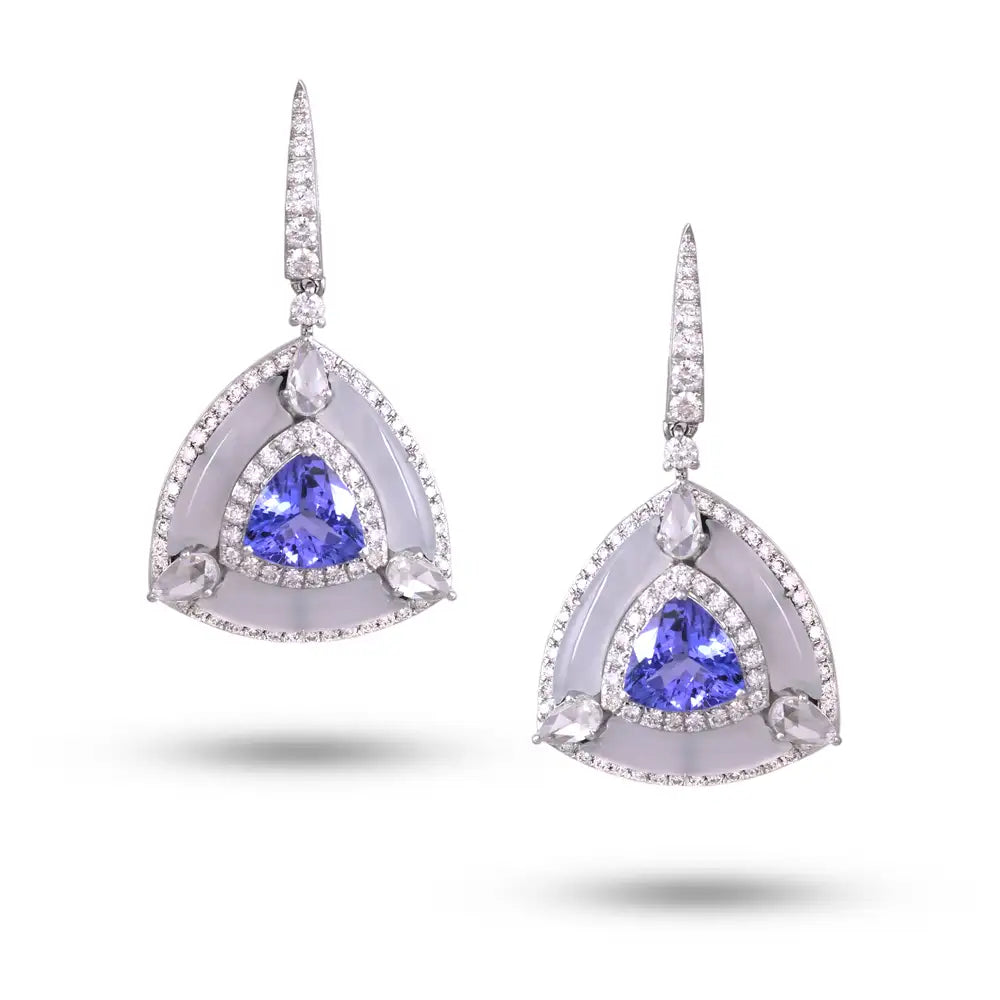 Natural Tanzanite & Chalcedony Gemstone Dangle Earrings - 18k White Gold Diamond Earrings