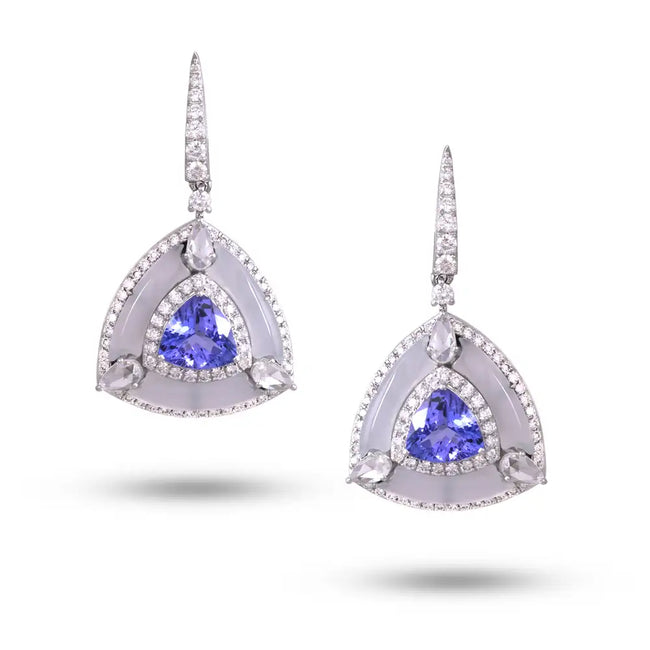 Natural Tanzanite & Chalcedony Gemstone Dangle Earrings - 18k White Gold Diamond Earrings Hover Image