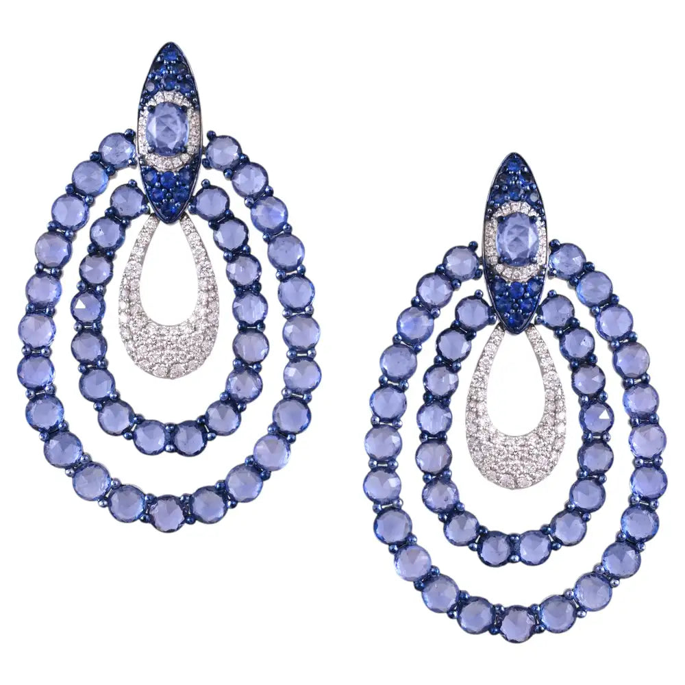 18k White Gold Diamond Dangle Earrings - Natural Blue Sapphire Gemstone Earrings