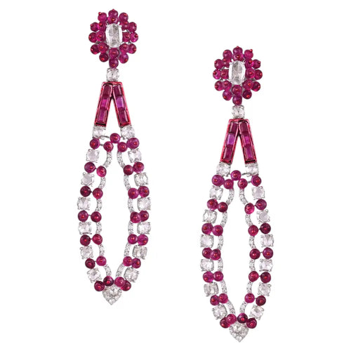 Mozambique Ruby Gemstone Dangle Earrings - 18k White Gold Diamond Chandelier Earrings
