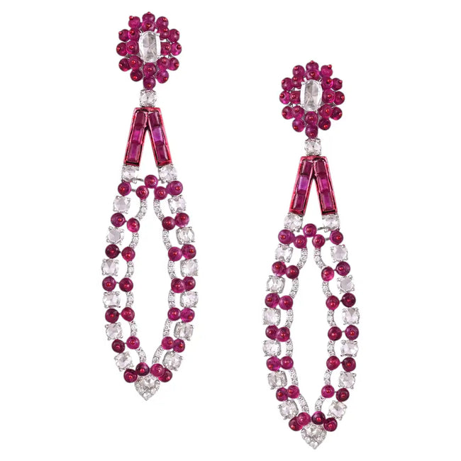 Mozambique Ruby Gemstone Dangle Earrings - 18k White Gold Diamond Chandelier Earrings Hover Image