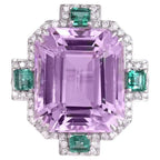 15.83 Ct. Kunzite & Emerald Gemstone Cocktail Ring - 18k White Gold Diamond Ring