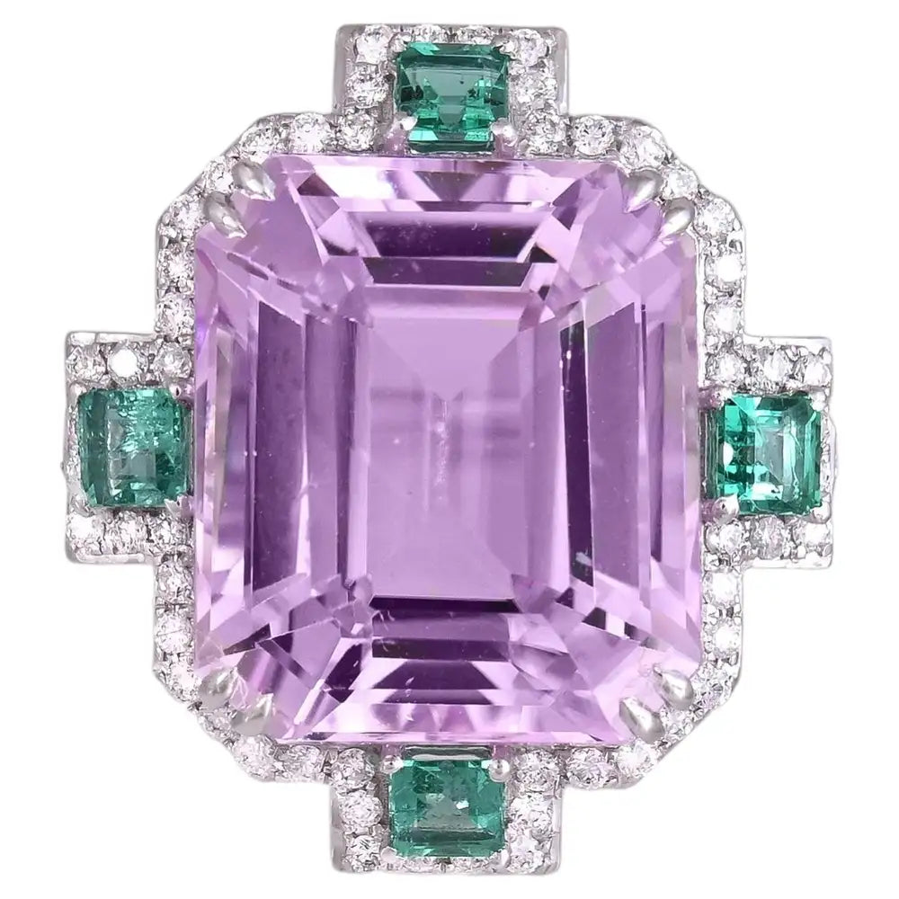 15.83 Ct. Kunzite & Emerald Gemstone Cocktail Ring - 18k White Gold Diamond Ring