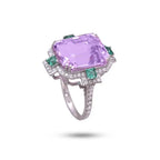 15.83 Ct. Kunzite & Emerald Gemstone Cocktail Ring - 18k White Gold Diamond Ring