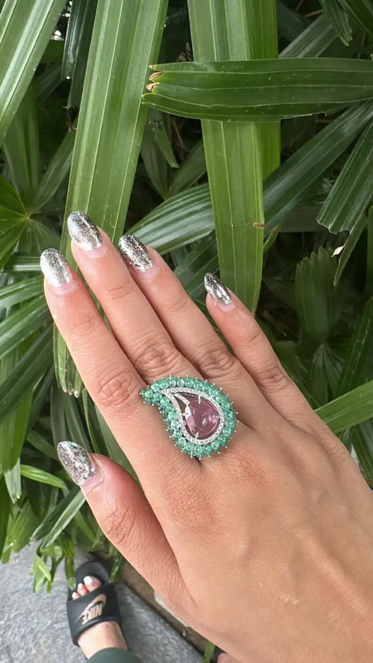 Natural Emerald & Pink Sapphire  Statement Ring - 18k White Gold Diamond Handmade Ring