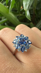Natural Blue Sapphire Diamond Cocktail Ring - 18k White Gold Handmade Ring