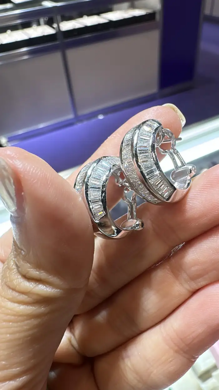 18k White Gold Earrings - Natural Tapered Baguette Diamonds Huggie Earrings