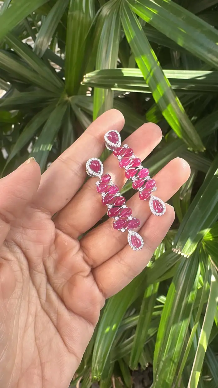 18k White Gold Diamond Dangle Earrings - Natural Mozambique Ruby Dangle Earrings