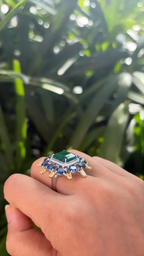 Natural Zambian Emerald & Blue Sapphire Cocktail Ring - 18k White Gold Yellow Diamond Ring