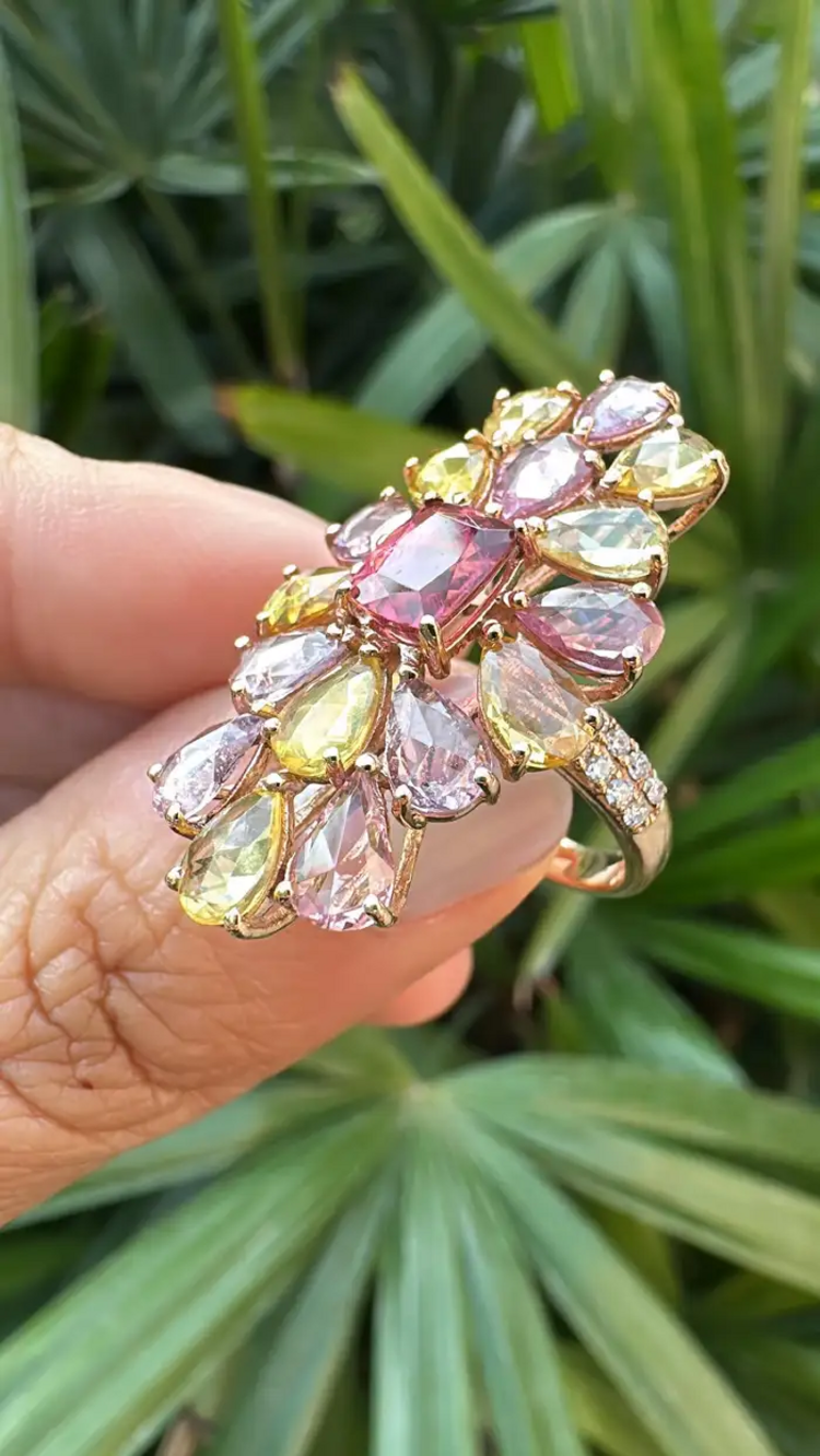 1.04 Ct. Tourmaline Gemstone Gold Ring - Natural Multi Sapphire & Diamond Cocktail Ring - 18k Rose Gold Diamond Ring