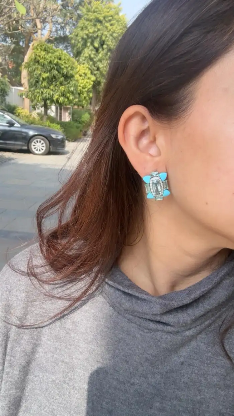 18k White Gold Diamond Stud Earrings - Natural Aquamarine, Turquoise & Emerald Gemstone Stud Earrings
