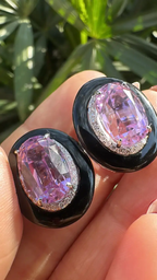 Natural Kunzite & Black Onyx Stud Earrings - 18k White Gold Diamond Handmade Earrings