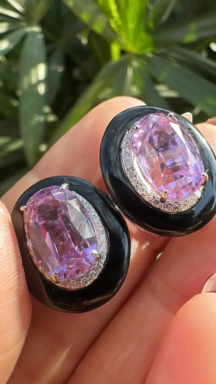 Natural Kunzite & Black Onyx Stud Earrings - 18k White Gold Diamond Handmade Earrings
