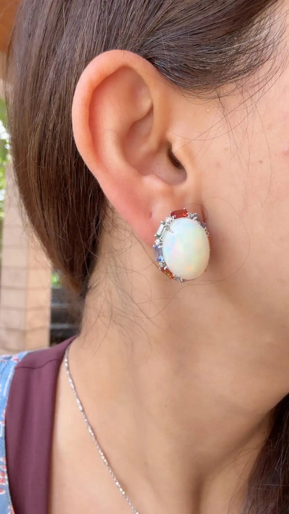 Ethiopian Opal & Multi Sapphire Stud Earrings - 18k White Gold Diamond Stud Earrings