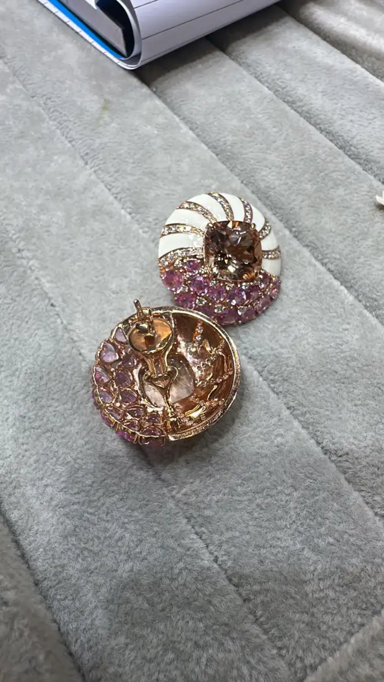 Natural Morganite & Pink Sapphire Gemstone Stud Earrings - 18k Rose Gold Diamond Handmade Earrings With White Enamel