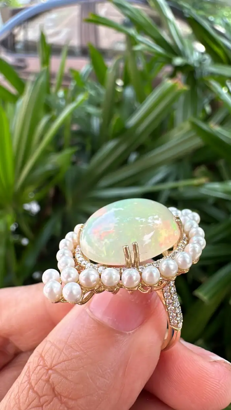 Ethiopian Opal & Freshwater Pearls Cocktail Ring - 18k Rose Gold Diamond Ring - Handmade Gold Diamond Ring