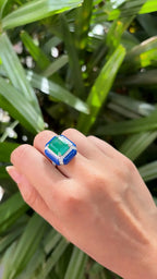 18k White Gold Diamond Handmade Ring - Natural Zambian Emerald & Blue Enamel Cocktail Ring