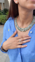Natural Aquamarine & Zambian Emerald Necklace - 18k White Gold & Yellow Diamond Necklace