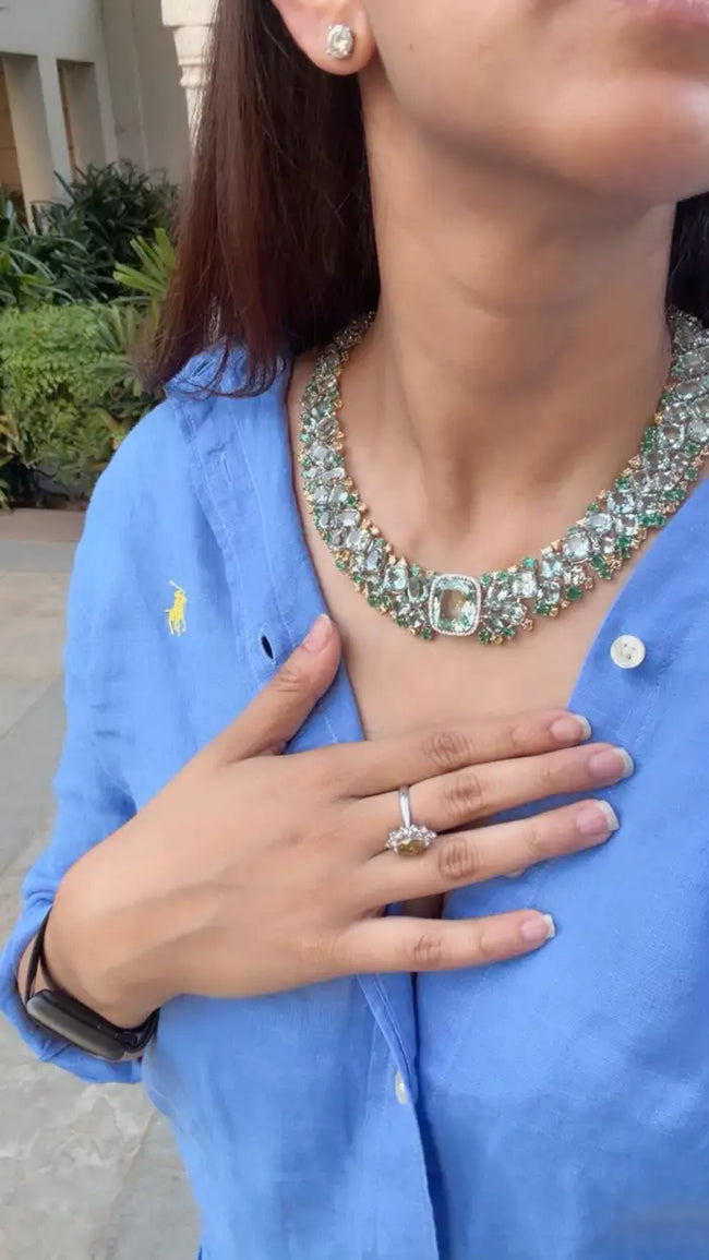 Natural Aquamarine & Zambian Emerald Necklace - 18k White Gold & Yellow Diamond Necklace Main Image