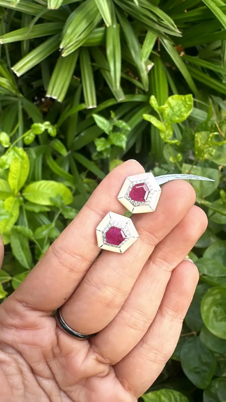 18k White Gold Handmade Minimalist Stud Earrings - Natural Mozambique Ruby White Enamel Earrings - Gold Diamond Earrings