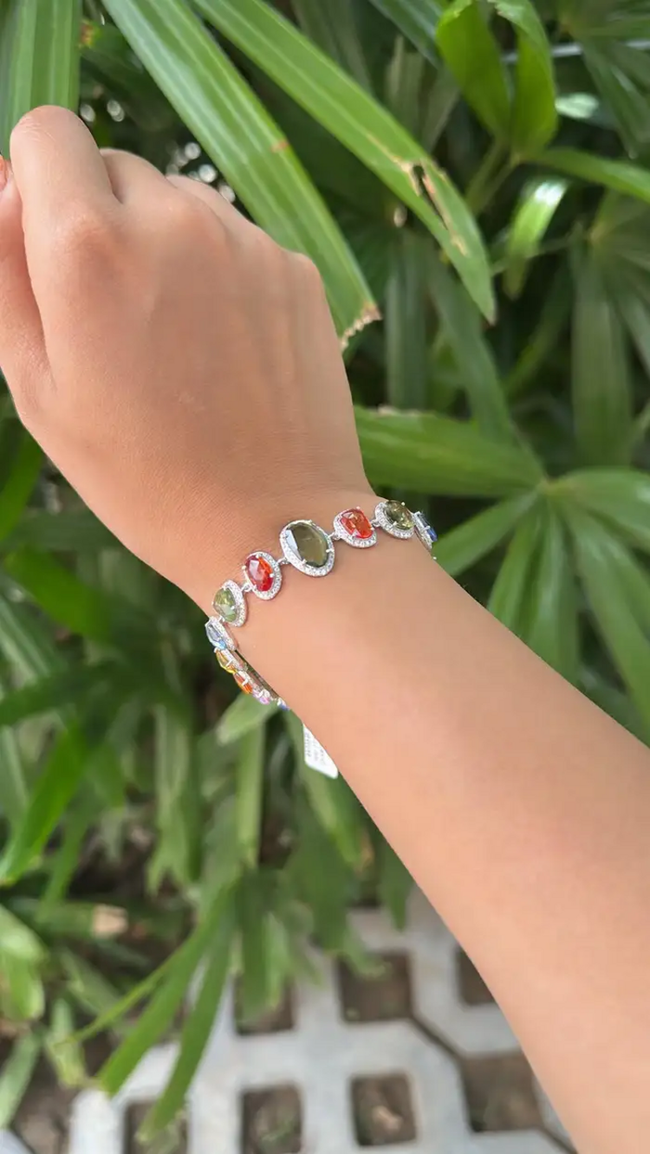 Natural Multi Sapphire & Rose Cut Diamond Bracelet - 18k White Gold Handmade Bracelet Main Image