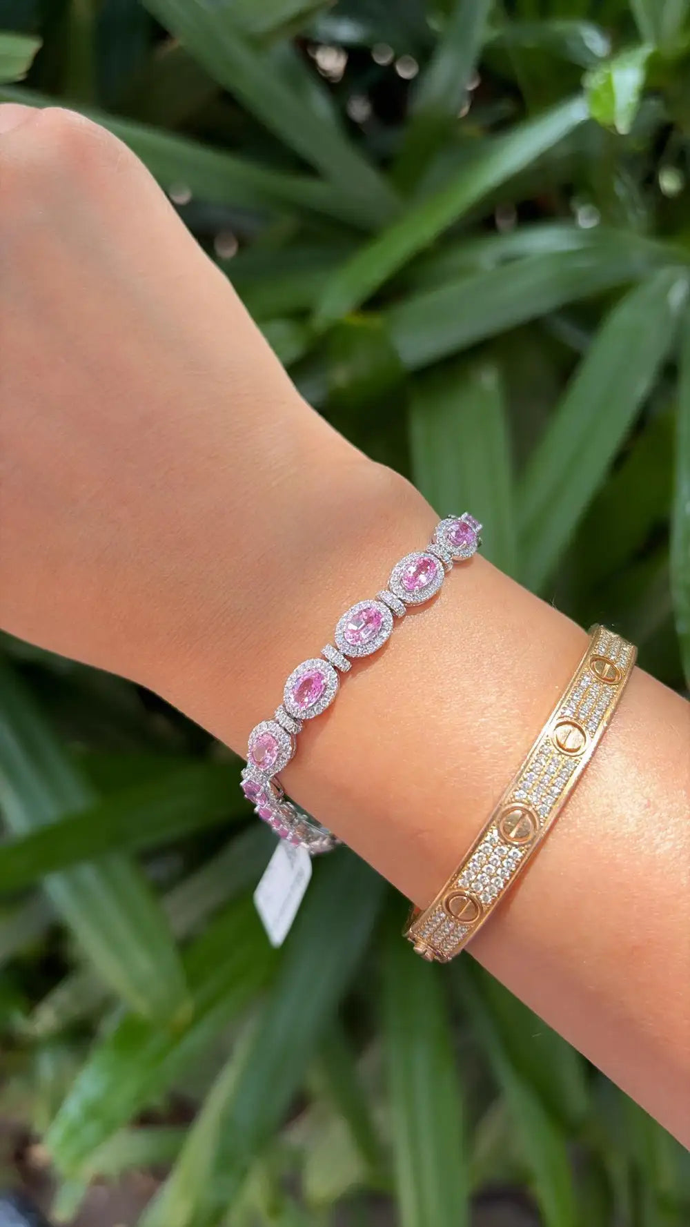 Natural Pink Sapphire Gemstone Bracelet - 18k White Gold Diamond Handmade Bracelet