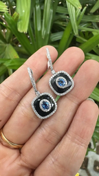 Natural Blue Sapphire & Black Onyx Earrings - 18k White Gold Diamond Earrings