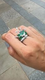 18k White Gold Diamond Crown Ring - Natural 3.80 Ct Zambian Emerald Wedding Ring