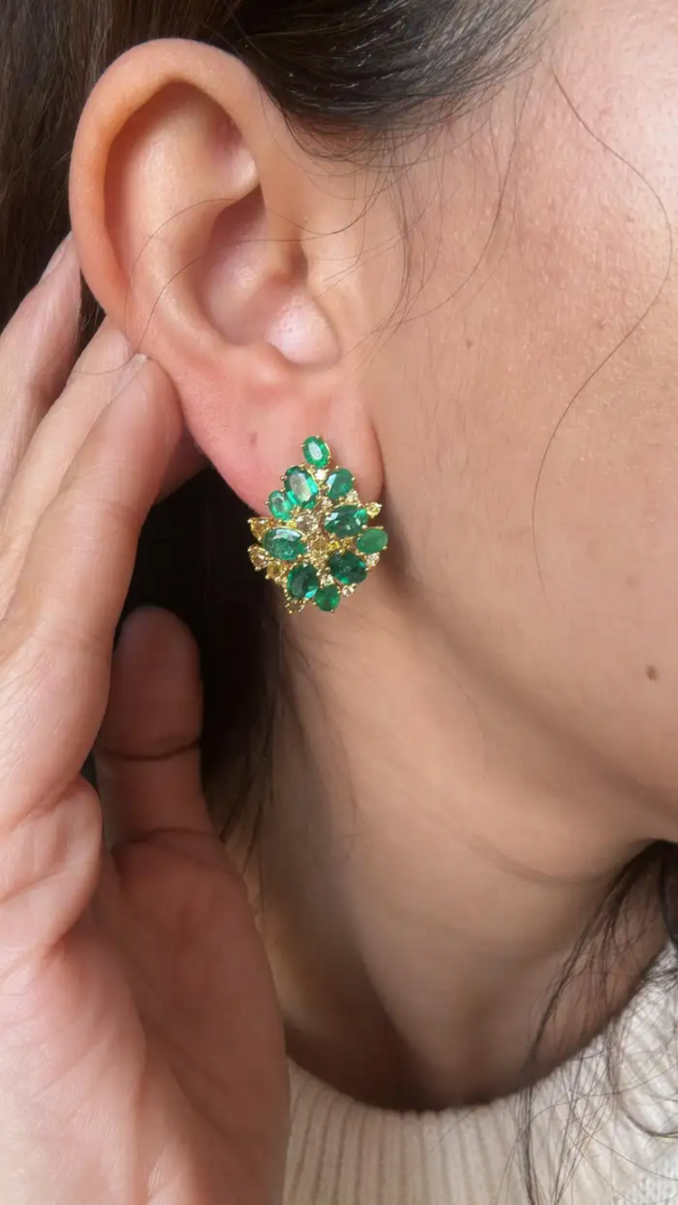 Natural Zambian Emerald Stud Earrings - 18k Yellow Gold Handmade Diamond Earrings