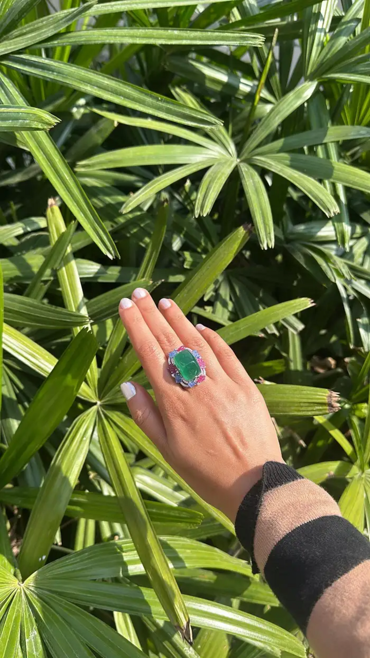 Natural Sugarloaf Emerald & Diamond Ring - 18k White Gold Cocktail Ring - Carved Blue Sapphire & Ruby Wedding Ring