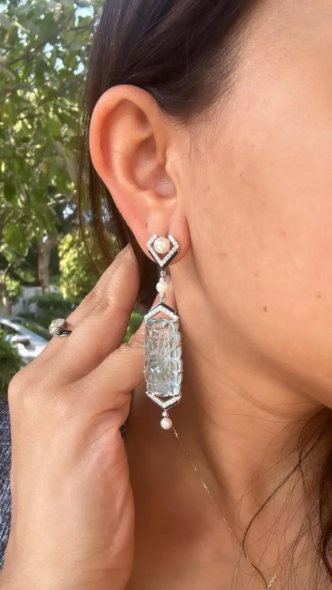Handmade 18k White Gold Dangle Earrings - Natural Diamond & Carved Aquamarine Gemstone Earrings - Freshwater Pearl, Black Enamel Earrings Main Image
