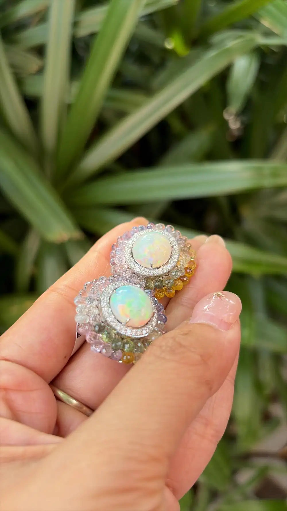 18k White Gold Diamond Stud Earrings - Natural Ethiopian Opal & Multi Sapphire Briolette Stud Earrings