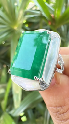 18k White Gold Diamond Ring - Natural Zambian Emerald & Mother Of Pearl Ring