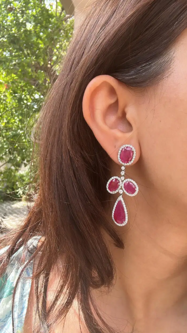 18k White Gold Diamond Dangle Earrings - Natural Mozambique Ruby Gemstone Wedding Earrings Main Image