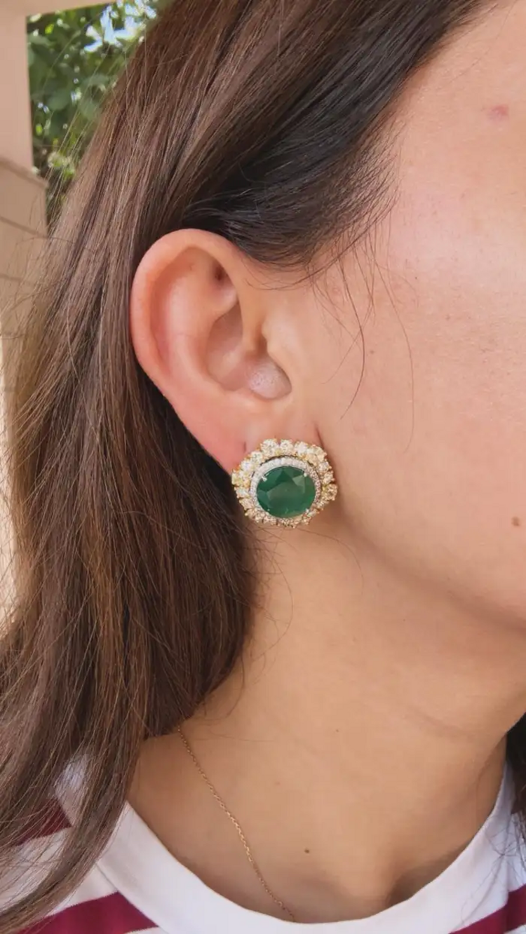 Natural Zambian Emerald & Yellow Diamond Earrings - 18k White Gold Stud Earrings