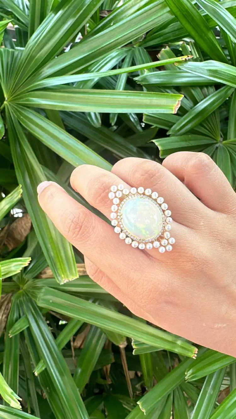 Ethiopian Opal & Freshwater Pearls Cocktail Ring - 18k Rose Gold Diamond Ring - Handmade Gold Diamond Ring