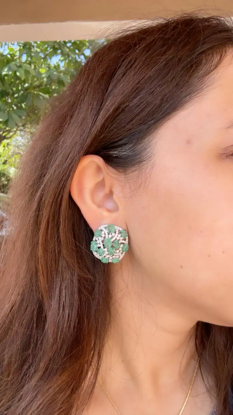 18k White Gold Diamond Stud Earrings - Natural Colombian Emerald Stud Earrings