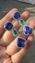 Natural Zambian Emerald & Tanzanite Dangle Earrings - 18k White Gold Diamond Earrings