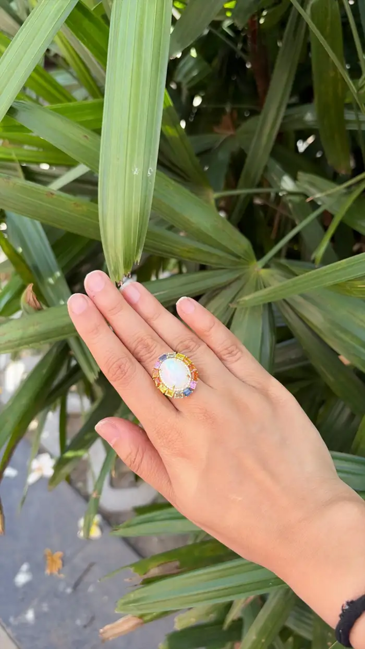 18k Yellow Gold Diamond Ring - Natural Multi Sapphire & Ethiopian Opal Wedding Ring