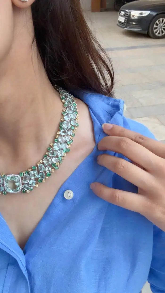 Natural Aquamarine & Zambian Emerald Necklace - 18k White Gold & Yellow Diamond Necklace