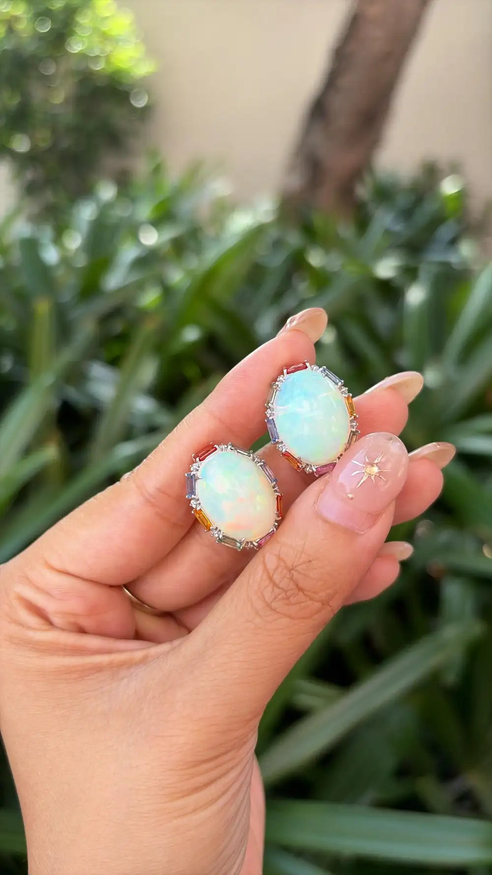 Ethiopian Opal & Multi Sapphire Stud Earrings - 18k White Gold Diamond Stud Earrings