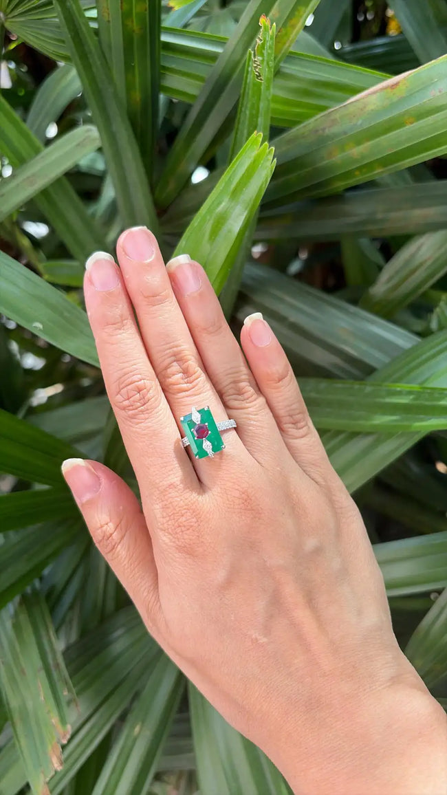 Natural Mozambique Ruby & Zambian Emerald Ring - 18k White Gold Diamond Ring Main Image