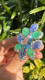 Aquamarine, Blue Sapphires, Emeralds & Diamonds Cocktail Ring - 18k White Gold Diamond Statement Ring