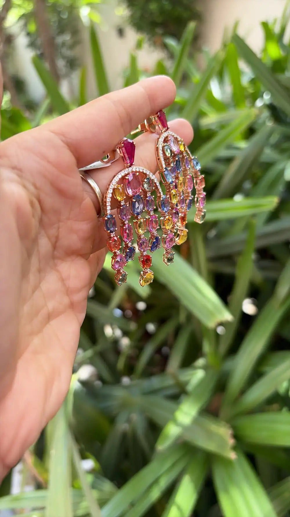 Natural Multi Sapphire & Mozambique Ruby Dangle Earrings - 18k Rose Gold Diamond Earrings