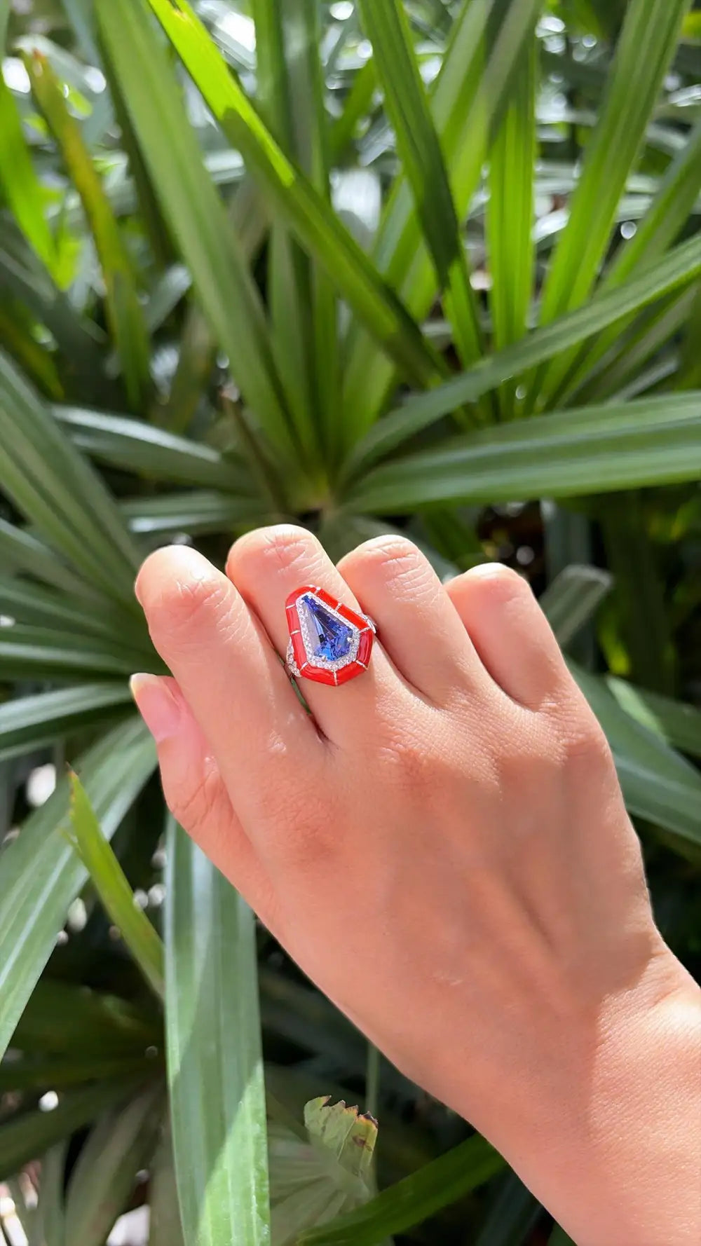 18k White Gold Diamond Ring - Natural Tanzanite & Orange Enamel Cocktail Ring