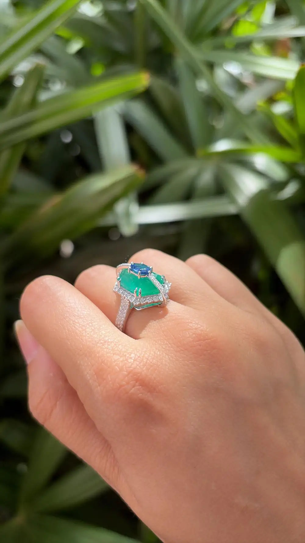 18k White Gold Diamond Cocktail Ring - Natural Zambian Emerald & Blue Sapphire Ring